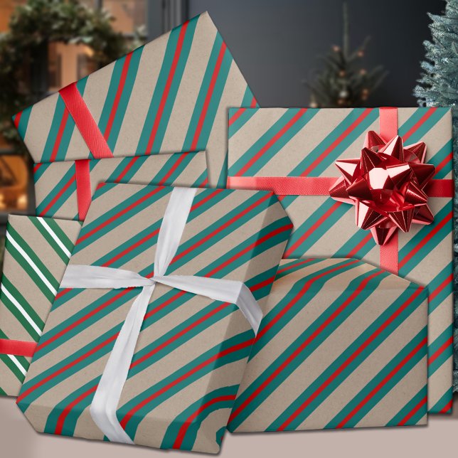 Rustic Kraft Teal Green Red Wide Stripe Holiday Wrapping Paper Sheet (Rustic Kraft Teal Red Wide Stripe Holiday Wrapping Paper Sheets Trio)
