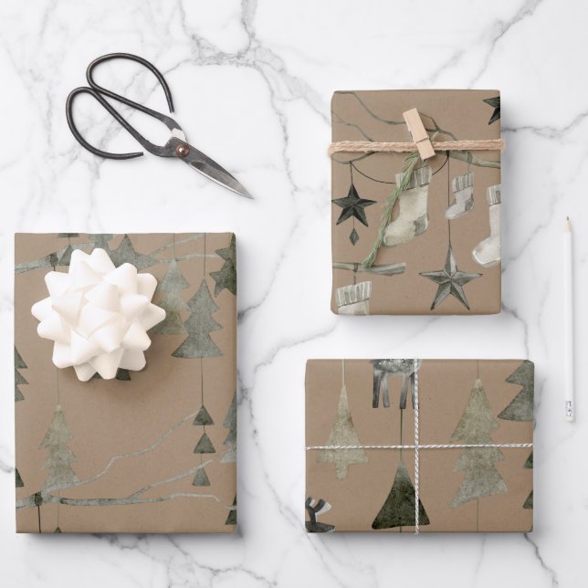 Rustic Kraft Tree Branch Christmas Ornaments Wrapping Paper Sheet (Front)