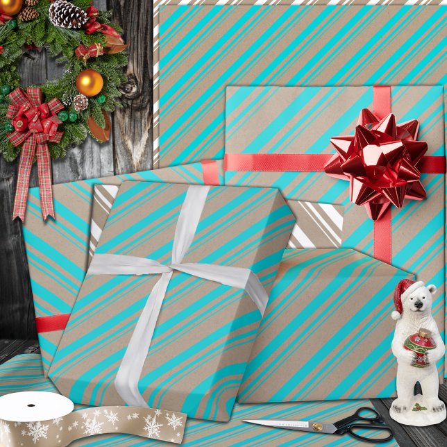 Rustic Kraft Turquoise Aqua Blue Stripes Holiday Wrapping Paper (Turquoise Blue Candy Cane Stripe Holiday Wrapping Paper Rolls in 6 and 15 foot rolls.)