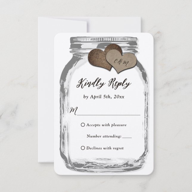 Rustic Kraft Two Hearts Mason Jar Wedding RSVP Card (Front)