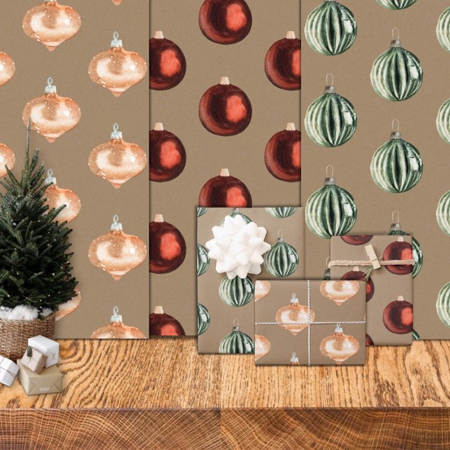 Rustic Kraft Vintage Christmas Tree Ornaments Wrapping Paper Sheet (Rustic Kraft Vintage Christmas Tree Ornaments Holiday Gift Wrapping Paper Sheets Trio)
