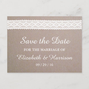 Rustic Kraft & Vintage White Lace Save The Date Announcement Postcard