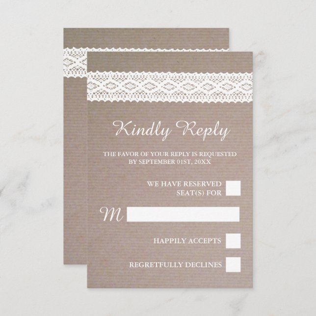 Rustic Kraft & Vintage White Lace Wedding RSVP Card (Front/Back)