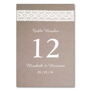 Rustic Kraft & Vintage White Lace Wedding Table Number