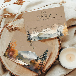 Rustic Kraft Watercolor Fall Tree Mountain Wedding RSVP Card