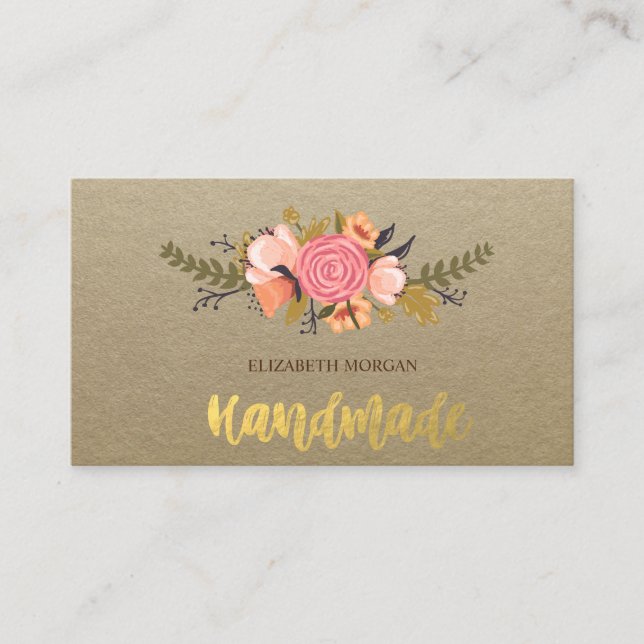 Rustic , Kraft, Watercolor Flower Business Card (Front)