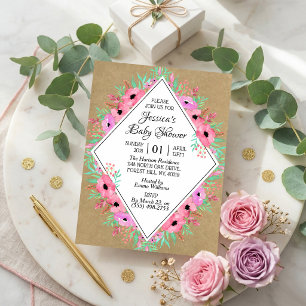 Rustic Kraft & Watercolor Flowers Baby Shower Invitation