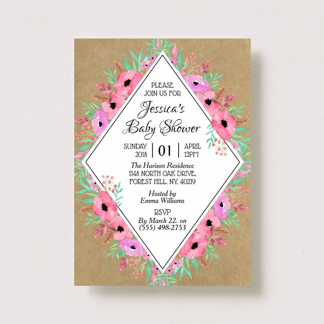 Rustic Kraft & Watercolor Flowers Baby Shower Invitation (Creator Uploaded)