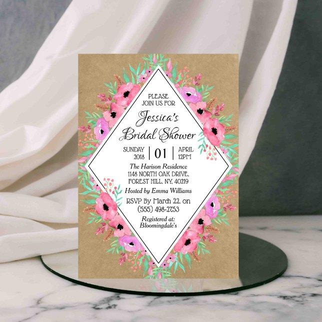 Rustic Kraft Watercolor Flowers Bridal Shower Invitation (Creator Uploaded)