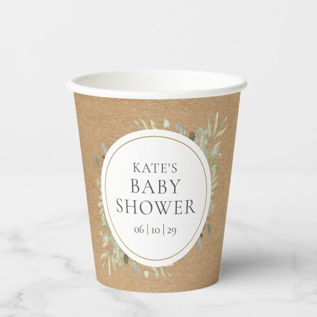 Rustic Kraft Watercolor Greenery Baby Shower Paper Cups (Front)