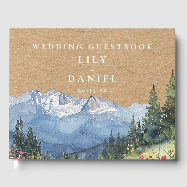 Rustic Kraft Watercolor Mountain Floral Wedding Guest Book (Front)