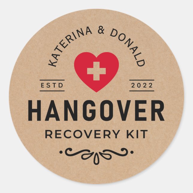 Rustic Kraft Wedding Hangover Recovery Kit  Classic Round Sticker (Front)