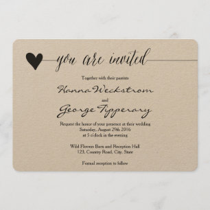 Rustic Kraft Wedding invite, heart calligraphy Invitation