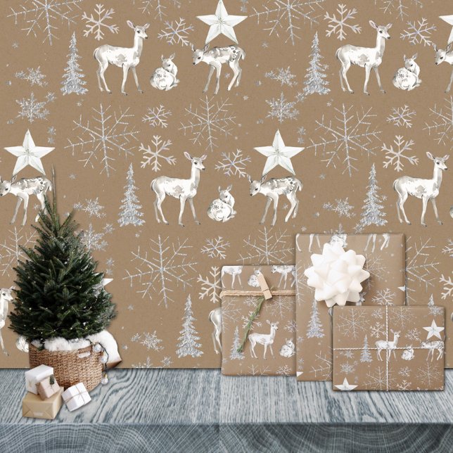 Rustic Kraft White Baby Doe Deer Silver Snowflakes Wrapping Paper Sheet (Rustic Kraft White Baby Doe Deer Silver Snowflakes Christmas Holiday Gift Wrapping Paper Sheets Trio)
