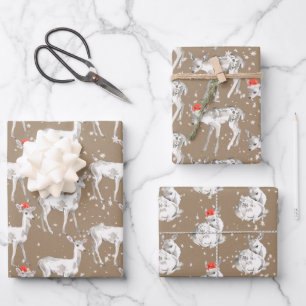 Rustic Kraft White Baby Doe Reindeers Santa Hat Wrapping Paper Sheet
