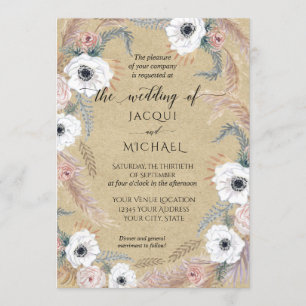 Rustic Kraft White Floral BOHO Pampas Grass Tropic Invitation