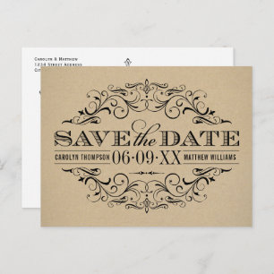 Rustic Kraft White Flourish Vintage Save the Date Announcement Postcard