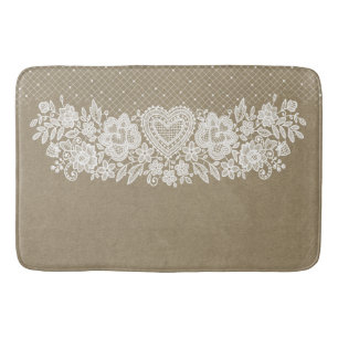 Rustic Kraft & White Lace Lacy Farmhouse Bath Mat