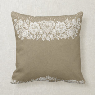 Rustic Kraft & White Lace Lacy Farmhouse Chic Cushion