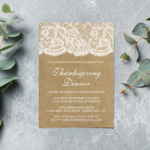 Rustic Kraft & White Lace Thanksgiving Dinner Invitation