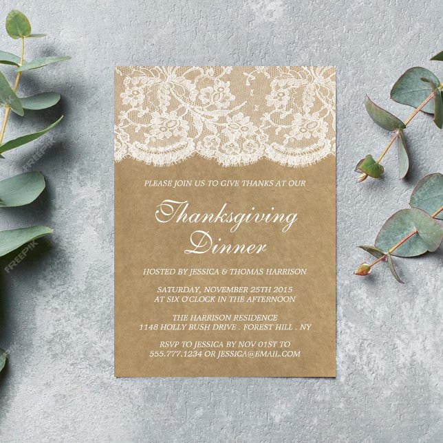 Rustic Kraft & White Lace Thanksgiving Dinner Invitation (Creator Uploaded)