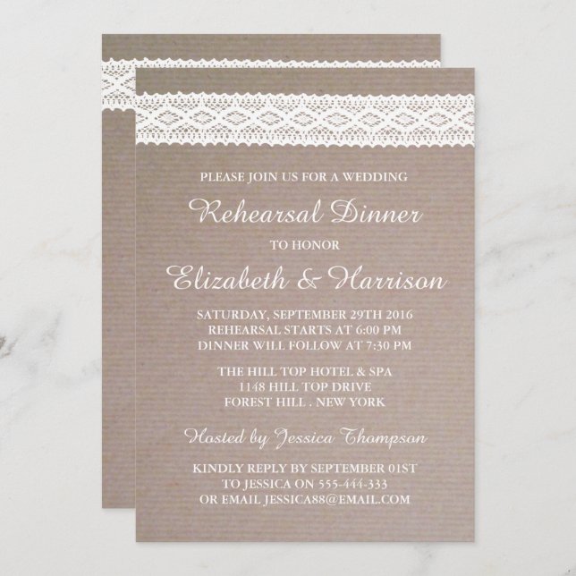 Rustic Kraft, White Lace Wedding Rehearsal Dinner Invitation (Front/Back)