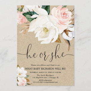 Rustic kraft white pink floral gender reveal invitation