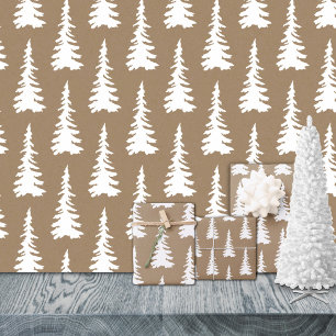 Rustic Kraft White Woodland Christmas Trees Wrapping Paper Sheet