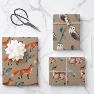 Rustic Kraft Winter Animals Red Fox Owl Baby Doe Wrapping Paper Sheet