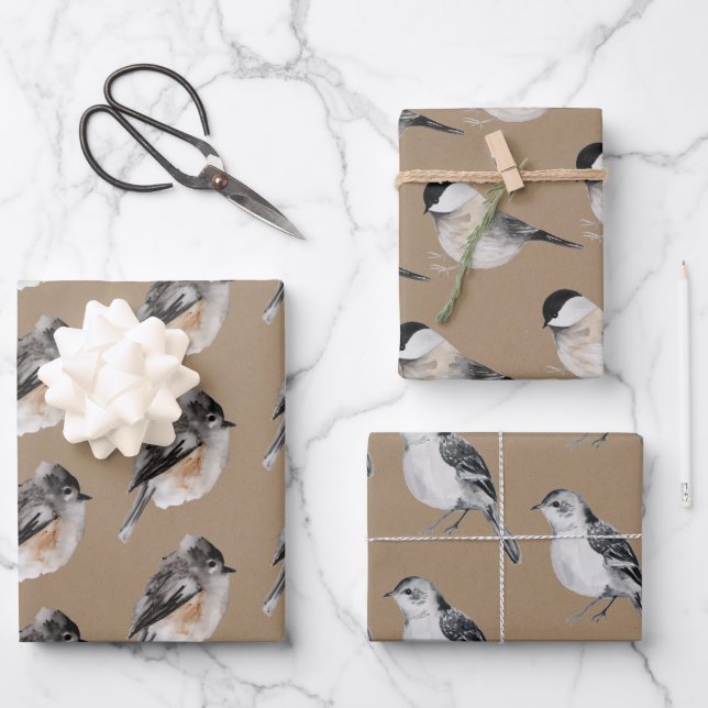Rustic Kraft Winter Birds Sparrows Chickadees Wrapping Paper Sheet (Front)