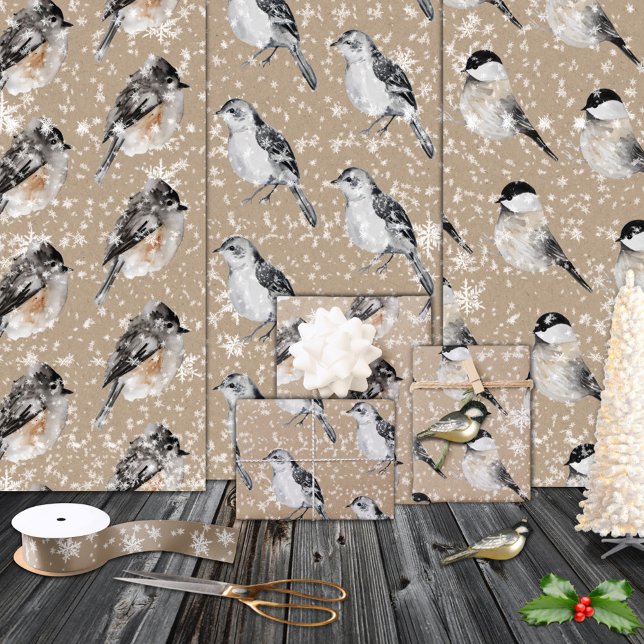 Rustic Kraft Winter Birds Sparrows Chickadees Wrapping Paper Sheet (Rustic Kraft Winter Birds Sparrows Chickadees Christmas Holiday Gift Wrapping Paper Sheets Trio)