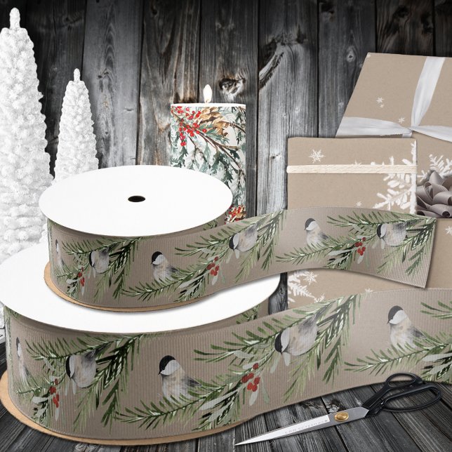 Rustic Kraft Winter Chickadees On Spruce Branch Grosgrain Ribbon (Rustic Kraft Winter Chickadees On Spruce Branch Grosgrain Ribbon)