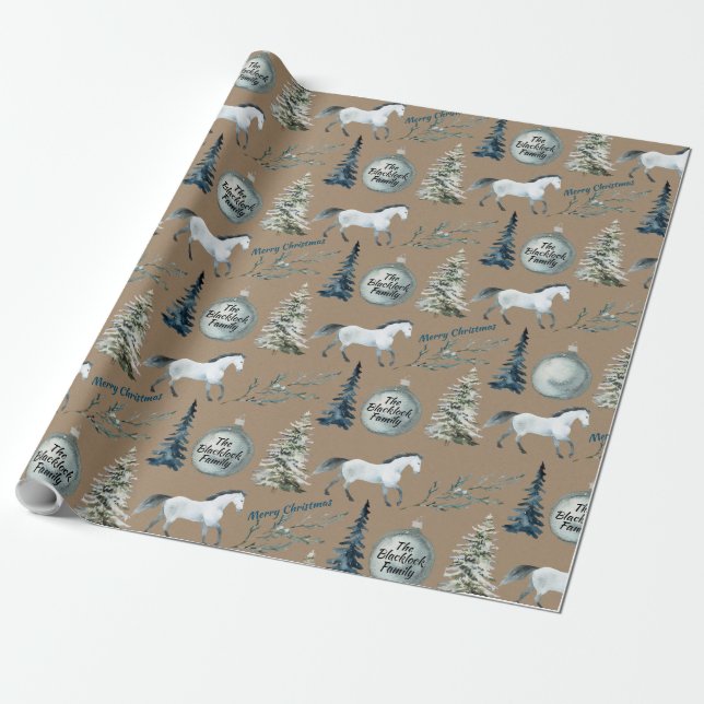 Rustic Kraft Winter Horse Custom Name & Sentiment Wrapping Paper (Unrolled)