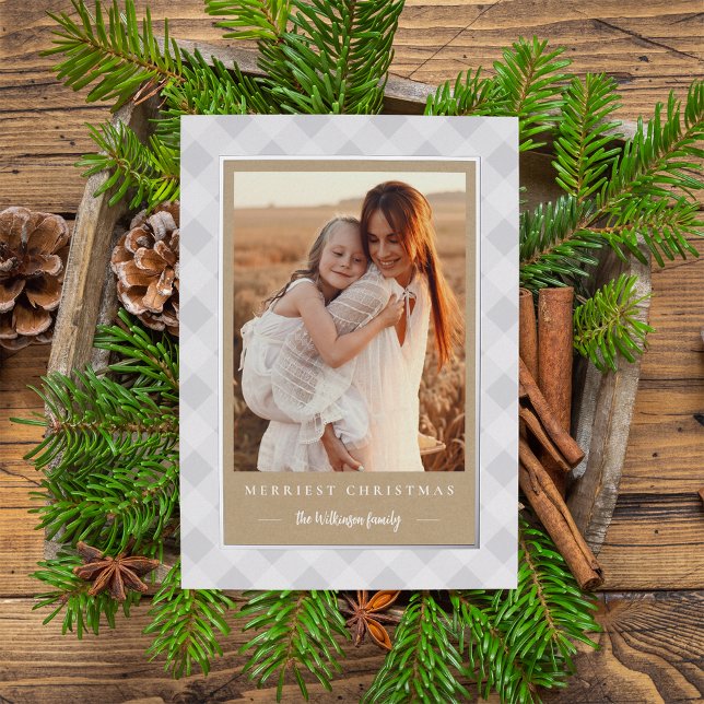 Rustic Kraft Winter Plaid Christmas Photo Foil Holiday Card (Creator Uploaded)