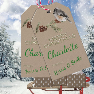 Rustic Kraft Winter Sparrow Bird & Pine Branches Gift Tags