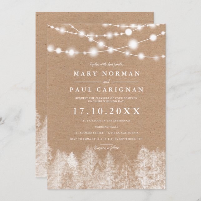 Rustic kraft  winter string lights forest wedding invitation (Front/Back)