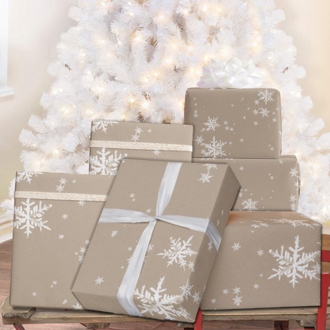 Rustic Kraft Winter White Falling Snowflakes Matte Wrapping Paper Sheet (Rustic Kraft Winter White Falling Snowflakes Matte Gift Wrapping Paper Sheets Trio)