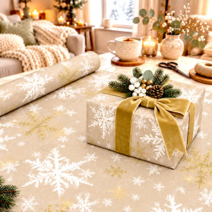 Rustic Kraft Winter White & Gold Snowflakes Wrapping Paper