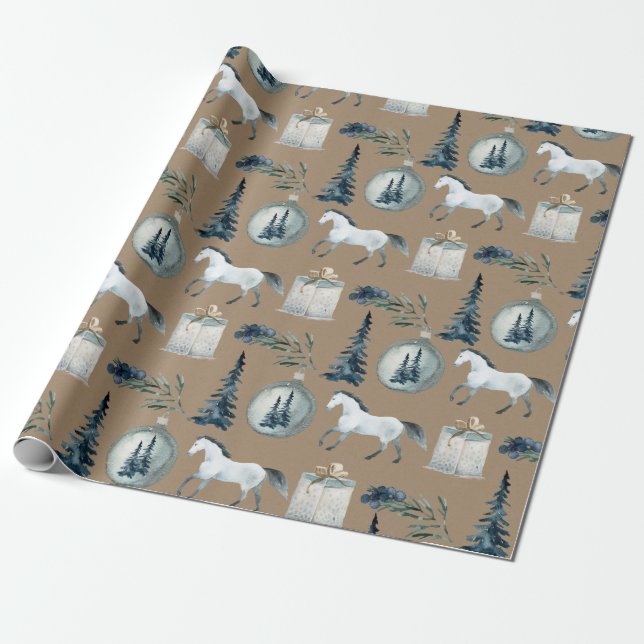 Rustic Kraft Winter White Horse & Blue Spruce 2 Wrapping Paper (Unrolled)
