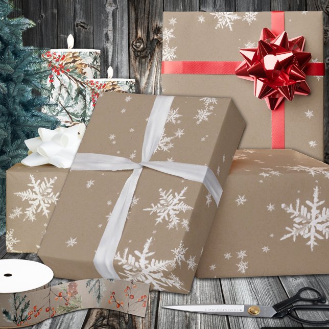 Rustic Kraft Winter White Snowflakes Matte  Wrapping Paper (Rustic Kraft Winter White Snowflake Wrapping Paper in 6 and 15 foot long 30 Inch Width Rolls
)