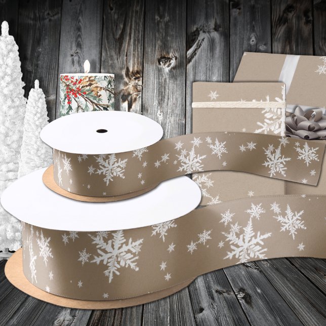 Rustic Kraft Winter White Snowflakes Satin Ribbon (Rustic Kraft Winter White Snowflakes Satin Ribbon available in 1.5 & 3 inch Widths)