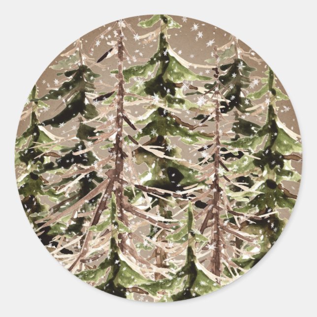 Rustic Kraft Winter Woodland Scraggly Spruce Snow Classic Round Sticker (Front)