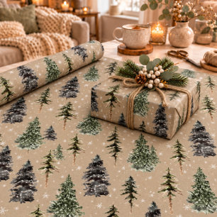 Rustic Kraft Winter Woodland Snowy Spruce Trees Wrapping Paper