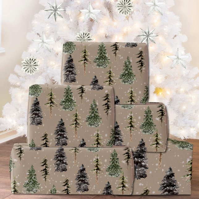 Rustic Kraft Winter Woodland Snowy Spruce Trees Wrapping Paper (Creator Uploaded)