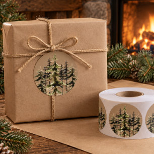 Rustic Kraft Winter Woodland Spruce Trees Classic Round Sticker