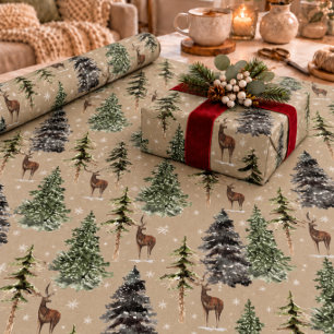Rustic Kraft Winter Woodland Spruce Trees & Deer Wrapping Paper
