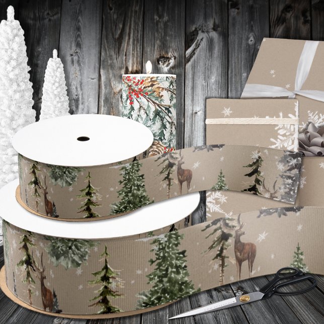 Rustic Kraft Winter Woodland Spruce Trees Reindeer Grosgrain Ribbon (Rustic Kraft Winter Woodland Spruce Trees Reindeer Grosgrain Ribbon & In Satin In 1.5 & 3 Inch Width)