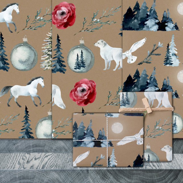 Rustic Kraft Winter Woodland White Horse Fox & Owl Wrapping Paper Sheet (Rustic Kraft White Horse Arctic Fox Snowy Owl Christmas Holiday Gift Wrapping Paper Sheets Trio)