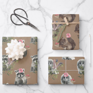 Rustic Kraft Woodland Baby Racoon Squirrel Owl Wrapping Paper Sheet