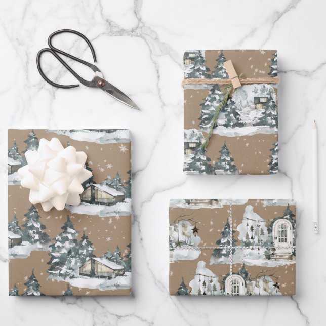 Rustic Kraft Woodland Winter Chalet House Scenes Wrapping Paper Sheet (Front)